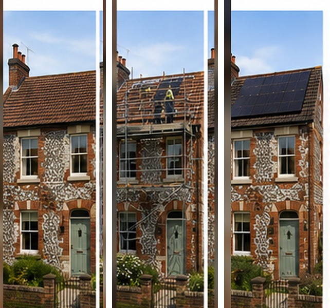 Illustrative example of a solar installation on a Norwich home, before, during and after